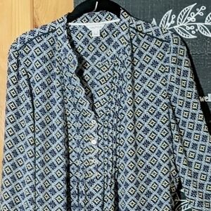Nautica 1/2 Button Pintuck Shirt Tunic Moroccan Multi Color Print Blue Loose Med